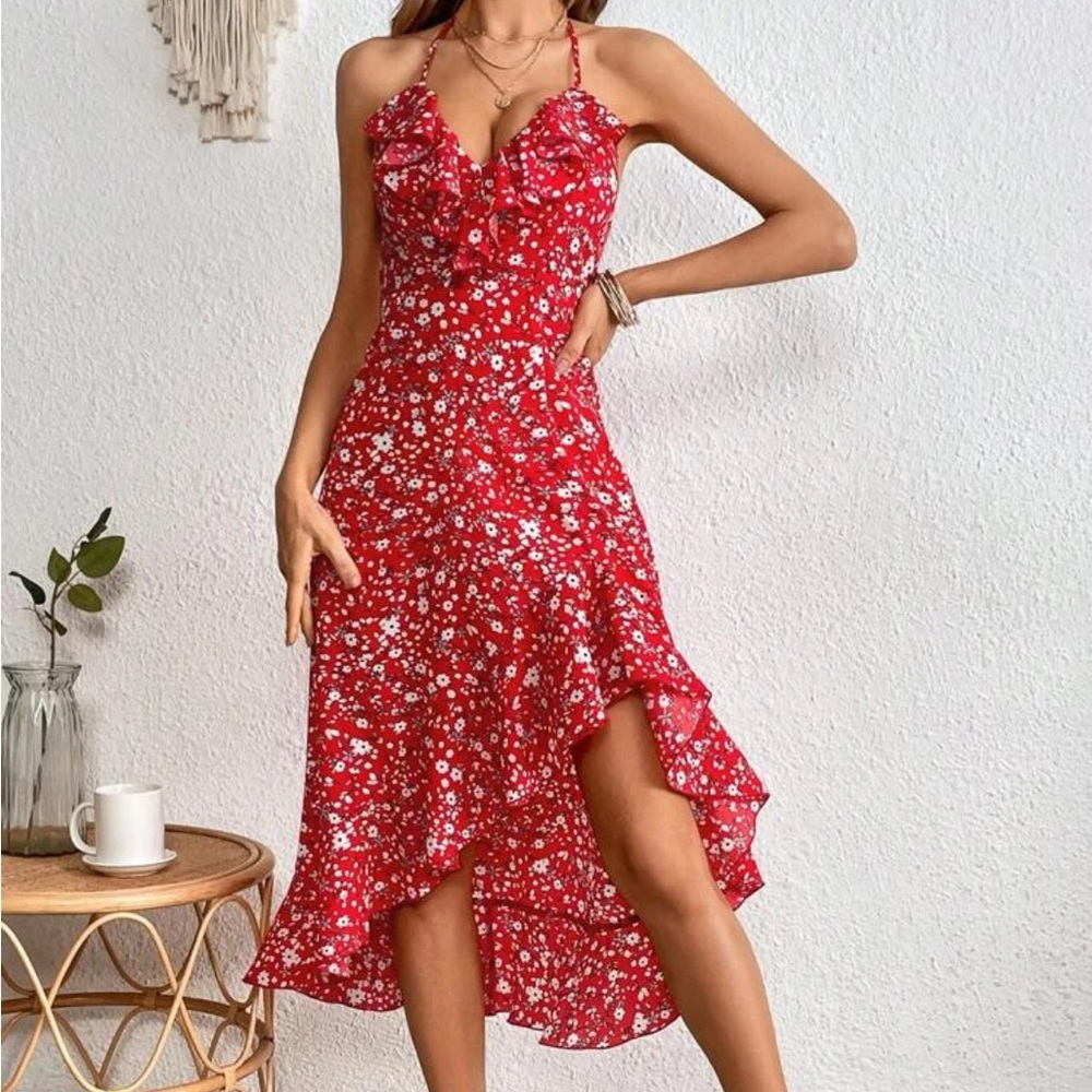Red floral print ruffle trim cami dress - Women’s size M